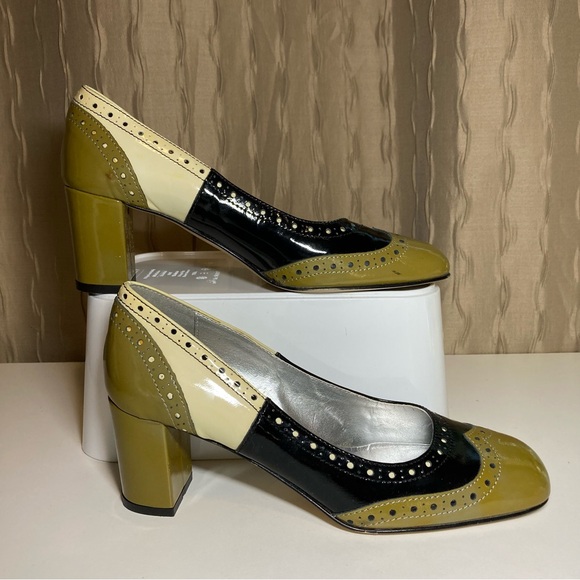 Massimo Baldi Women's 7 Green Black Cream Patent Patchwork Oxford Heels 8640 - Picture 1 of 14